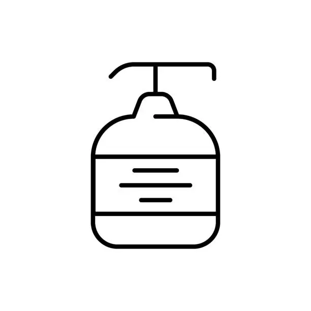 Vector illustration of Dispenser line icon. Liquid soap, sanitizer, antiseptic, wash hands, personal hygiene, quarantine, coronavirus, distancing. Health care concept. Vector black line icon on a white background