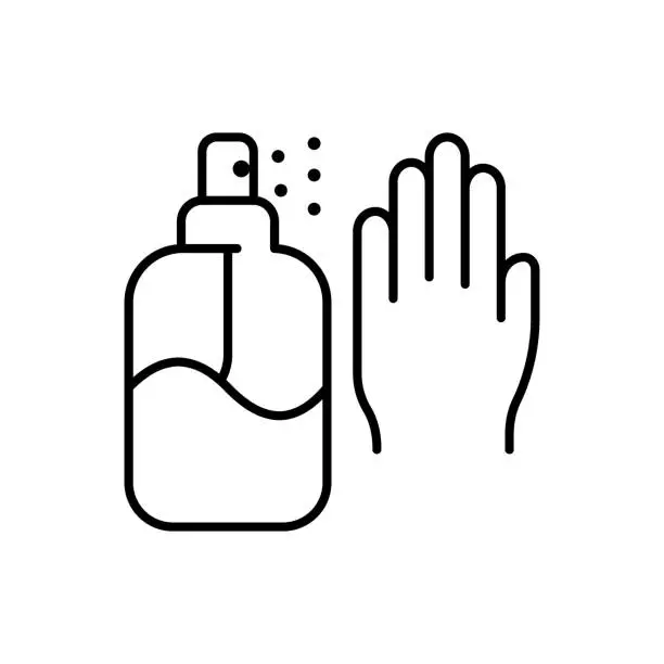 Vector illustration of Dispenser with hand line icon. Liquid soap, sanitizer, antiseptic, wash hands, spray, personal hygiene, quarantine, coronavirus, distancing. Health care concept. Vector black line icon