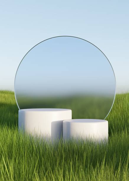 istock Cylindrical podium on natural grass or weed field 3D render illustration 1444918727