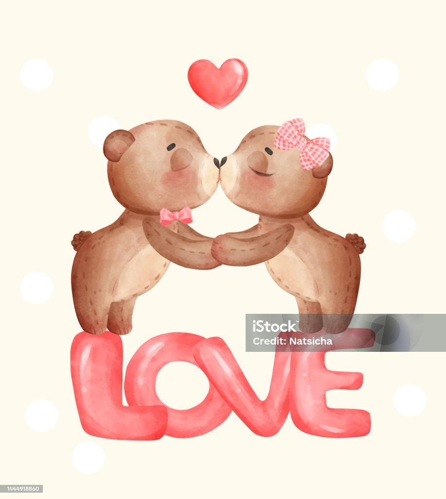 Cute Couple Teddy Bear Dolls Kissing And Holding Hand Together On ...