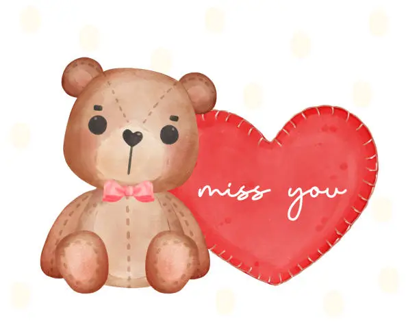 Vector illustration of cute brown teddy bear sitting next to red heart miss you pillow, adorable cartoon watercolour hand drawn vector illustration