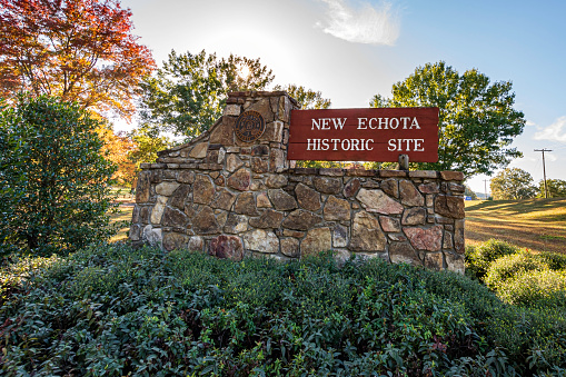 Calhoun, Georgia, USA-October 20, 2022: Entrance sign for New Echota a Georgia State Historic Site celebrating the Capital of the Cherokee Nation and its people.