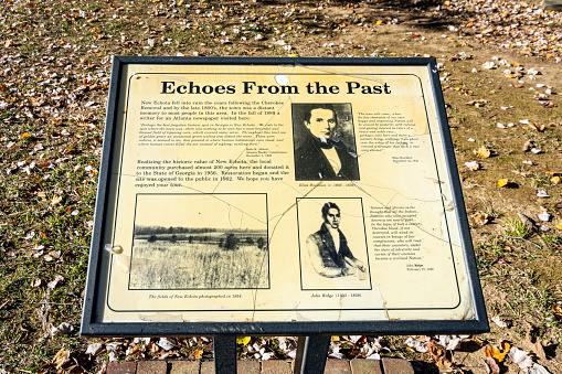 Calhoun, Georgia, USA-October 20, 2022: Informational sign regarding the formation of the New Echota State Historic Site.