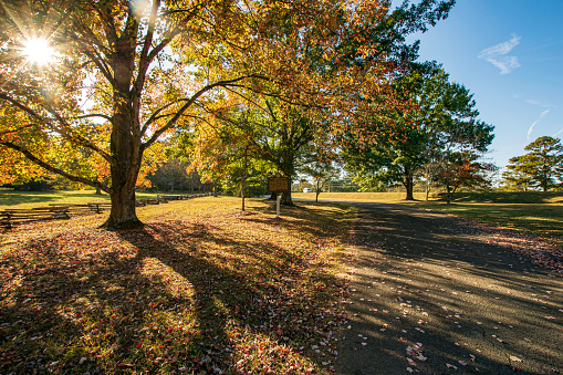 Calhoun, Georgia, USA-October 20, 2022: Entry driveway to the New Echota State Historic Site museum and walking tour.