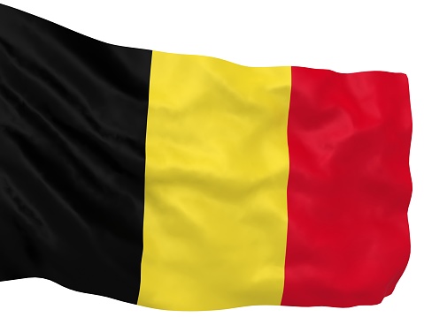 Belgium Flag Waving, fluttering against the background of the blue sky with silver pole