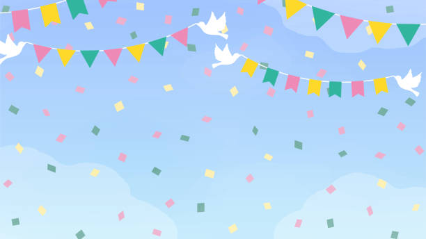 This is a background illustration of a festive image of birds with garlands in their mouths flying in the blue sky. This is a background illustration of a festive image of birds with garlands in their mouths flying in the blue sky. ticker tape parade stock illustrations