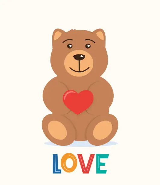 Vector illustration of Cute Teddy bear holding big red heart in the paws. The concept of Valentine's Day. Flat vector illustration.