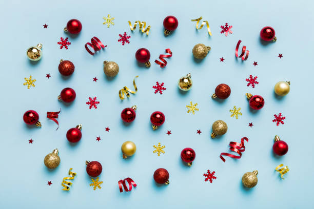istock Christmas composition. a pattern of christmas balls on colored background. Flat lay, top view New year decor 1444922504