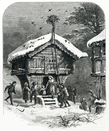 Families celebrating Christmas in Scandinavia. Women and young children laughing in snowy landscape around log cabin.