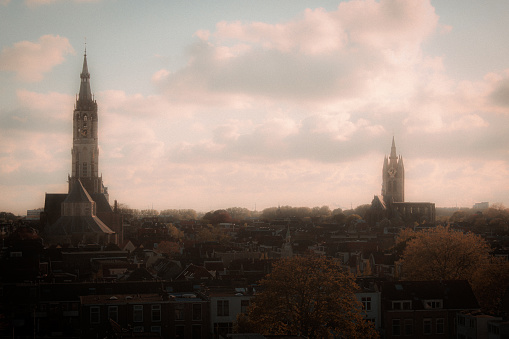 View on Delft’s 2 main church, the old and new church