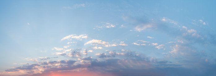 Blue sky panorama. The sky at sunset with clouds and sunlight