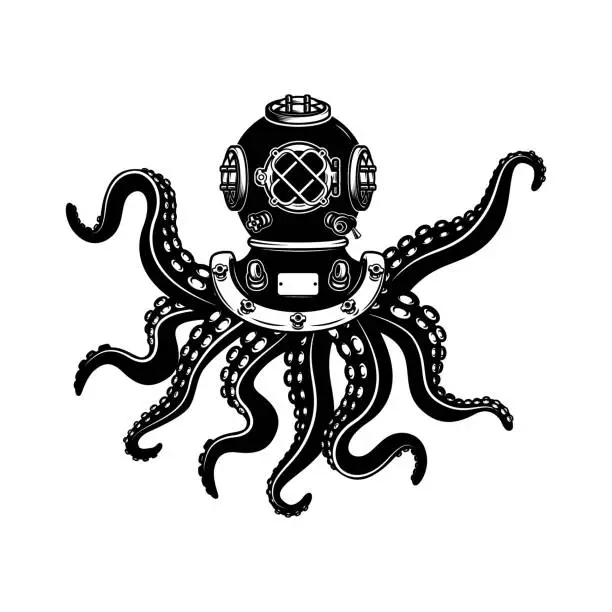 Vector illustration of Illustration of vintage diver helmet with octopus tentacles. Design element for poster, card, t shirt. Vector illustration