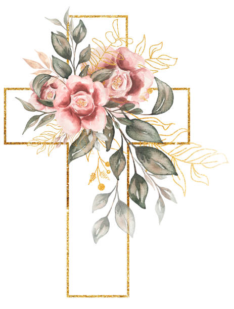 ilustrações, clipart, desenhos animados e ícones de cruz clipart, aquarela de ouro frame cruz com flores de peônia rosa e buquê de vegetação, baptism cross clip art, convites de casamento, espírito santo, ilustração religiosa, páscoa - communion