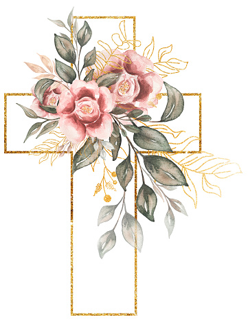 Cross Clipart, Watercolor golden frame cross With pink peony flowers and greenery bouquet, Baptism Cross clip art, Wedding invites, Holy Spirit, Religious illustration, easter