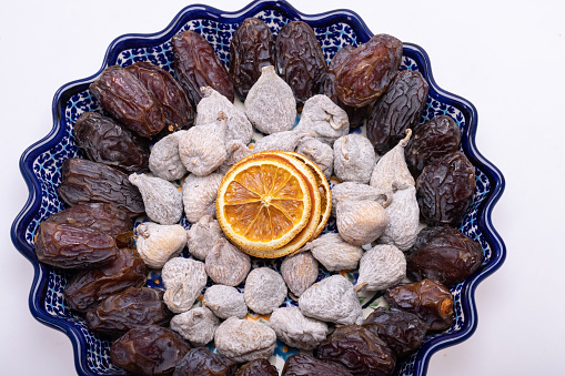 dried orange slices, figs sprinkled with rice flour and medjoul jumbo dates.
