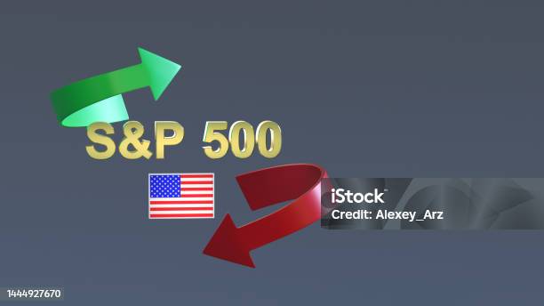 Inscription In Gold Letters Sp 500 And The Us Flag Surrounded By A Red And Green Arrows On A Neutral Background 3d Rendering Stock Market Concept Stock Photo - Download Image Now