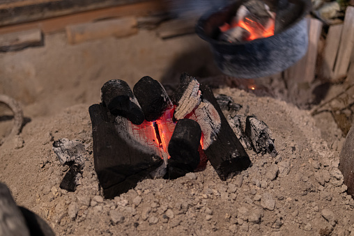 charcoal fire in hearth