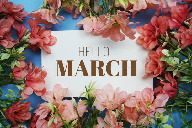 istock Hello March text message with flower decoration on blue background 1444928061