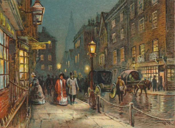Rainy London street at night during 19th century 

Horses and carriages on cobbled street. Gas lamp street light

Shopping wealthy people