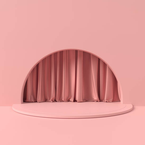 istock Abstract pink podium for product display with curtains. Cylinder stage on pink background 3d illustrations. 1444929058