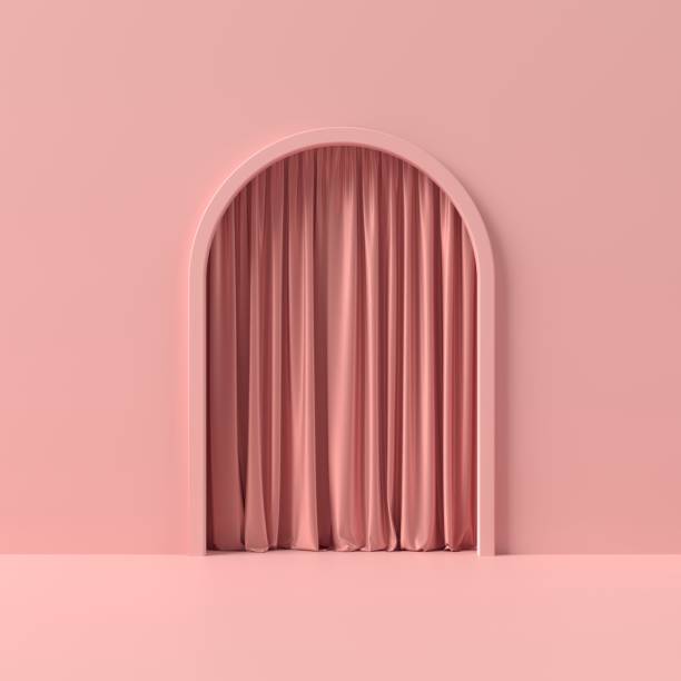 istock Abstract pink podium for product display with curtains. Cylinder stage on pink background 3d illustrations. 1444929077