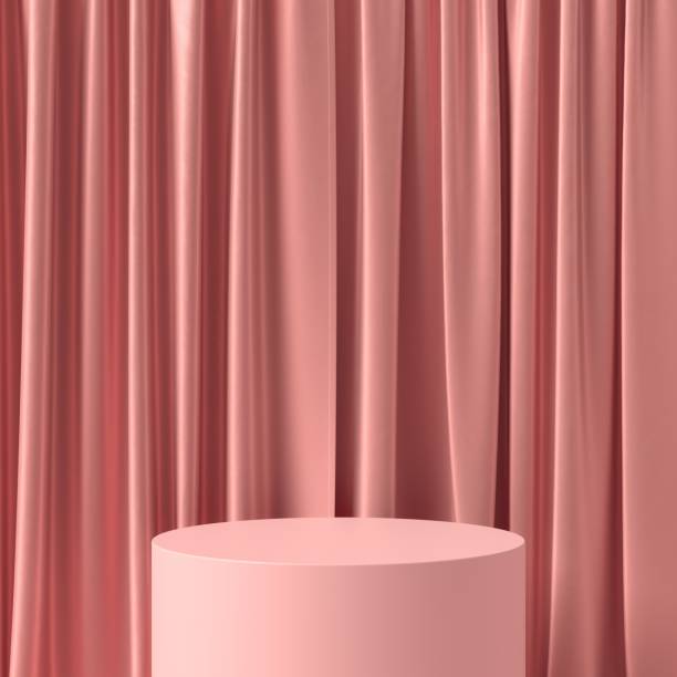 istock Abstract pink podium for product display with curtains. Cylinder stage on pink background 3d illustrations. 1444929080