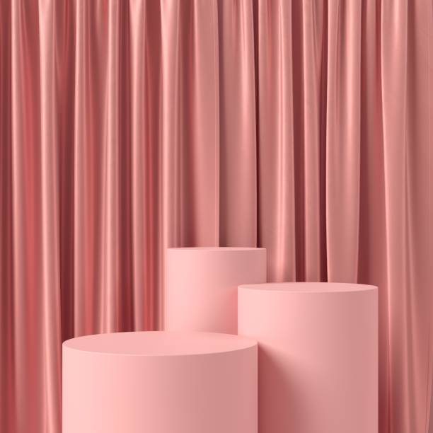 istock Abstract pink podium for product display with curtains. Cylinder stage on pink background 3d illustrations. 1444929082