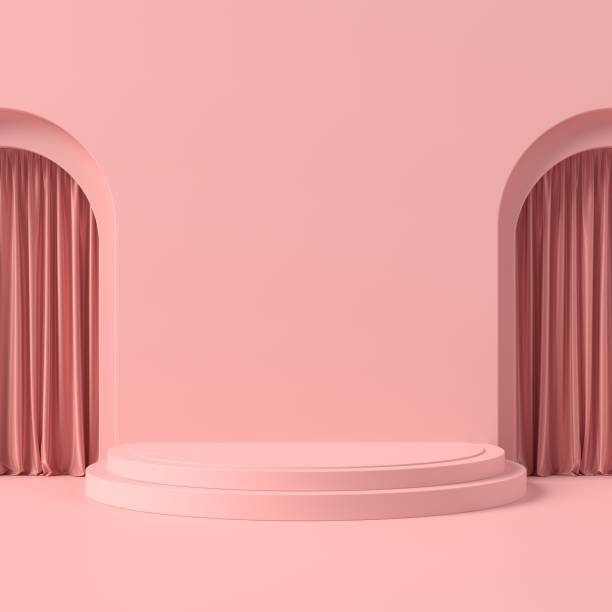 istock Abstract pink podium for product display with curtains. Cylinder stage on pink background 3d illustrations. 1444929083