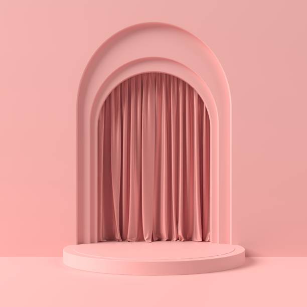 istock Abstract pink podium for product display with curtains. Cylinder stage on pink background 3d illustrations. 1444929090