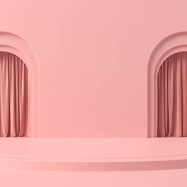 istock Abstract pink podium for product display with curtains. Cylinder stage on pink background 3d illustrations. 1444929092