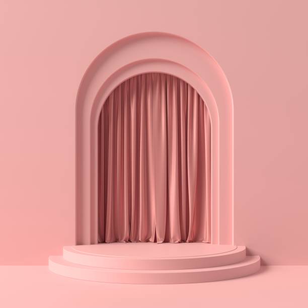 istock Abstract pink podium for product display with curtains. Cylinder stage on pink background 3d illustrations. 1444929096