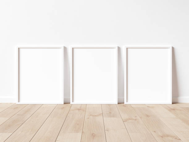 istock Three vertical wooden frame poster on wooden floor with white wall. 3 frame mock up. 3D illustration.d illustrations. 1444929148