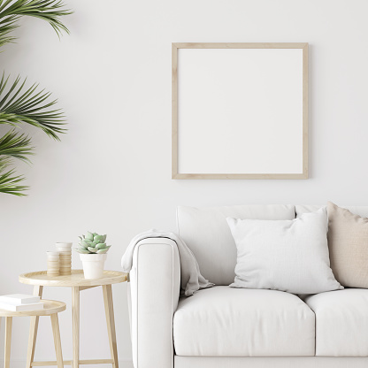 Maqueta cuadrada de madera con sofá y plantas verdes en pared blanca en la sala de estar. Ilustración 3D. photo