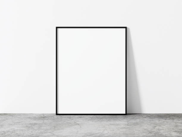 istock Vertical black frame mockup. Minimal black frame on concrete floor. Minimal loft 3d illustrations. 1444929697