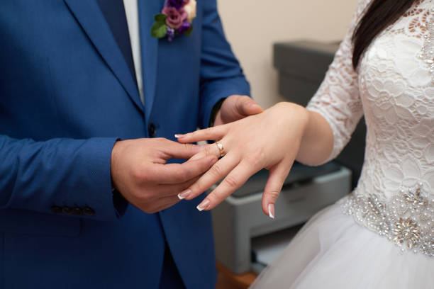istock Wedding rings on hands close-up 1444931868