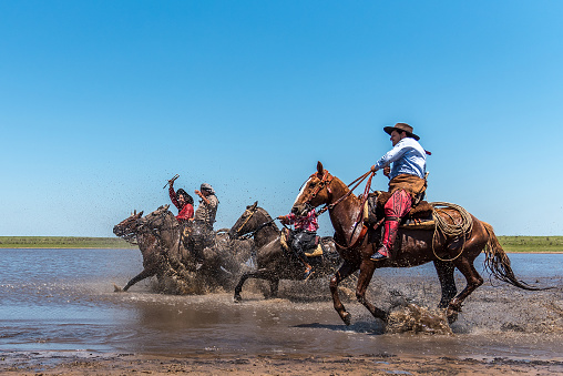 Esquina, Corrientes, Argentina - October 29, 2022: Side view of five Argentine gauchos riding their horses across the river