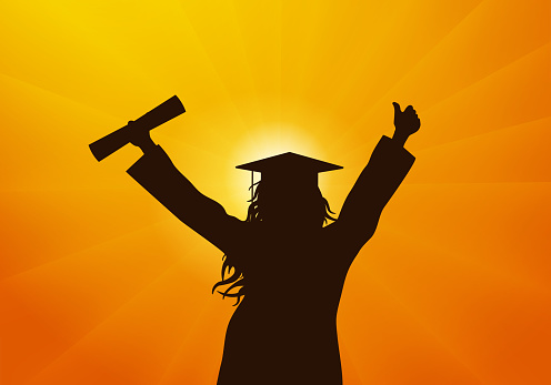 Graduate girl in mantle and mortarboard with certificate on background of sunset. Graduation. Vector illustration