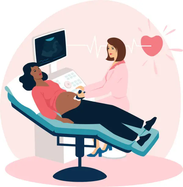 Vector illustration of Pregnant woman is at the ultrasound screening. Doctor and client. Future mother and a doctor. Gynecologist appointment. Pregnancy scan.  Flat vector illustration
