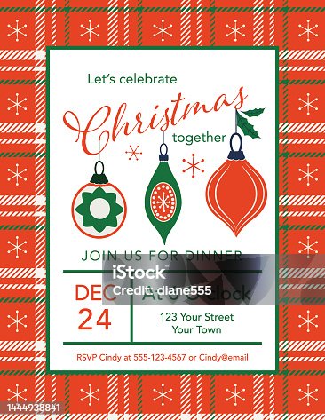 istock Christmas Party Invitation Template With Ornaments And A Plaid Border 1444938841