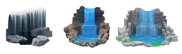 Waterfalls set vector illustration. Cartoon isolated cascades of mountain river or lake with natural water splashes, stream falling on rocks and stones with grass from hill, summer landscape scenes