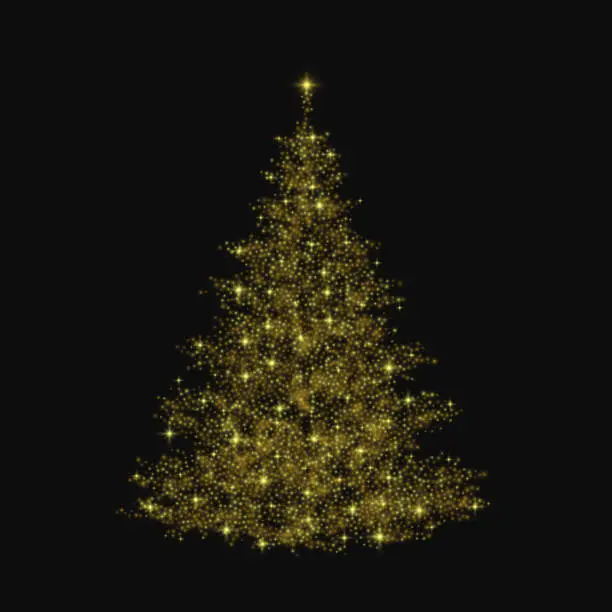 Vector illustration of Christmas tree. Gold glitter light effect. Vector illustration