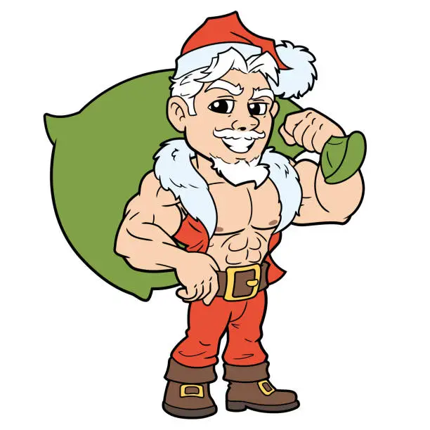 Vector illustration of Young muscular Santa Claus in red costume with bag 2