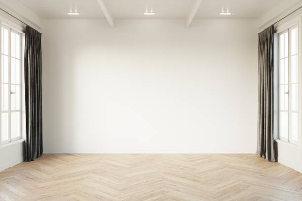 istock Empty room mock up with white windows, grey curtain and wooden floor. 3d illustration. 1444940865