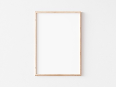 Thin vertical wooden frame on white wall. 3d illustration.
