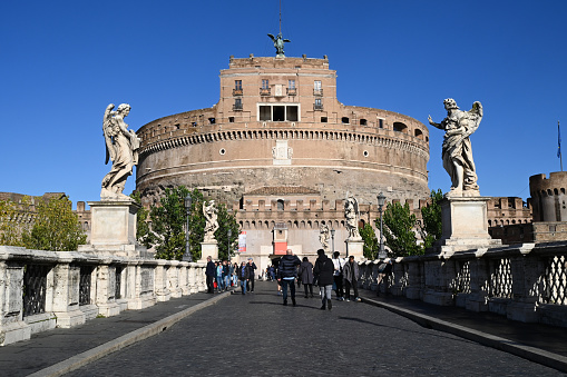 Rome-Italy - 10.09.2021: San Angelo Bridge in front of the Castel Sant'Angelo.