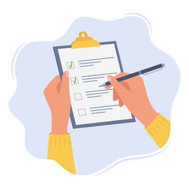 ilustrações de stock, clip art, desenhos animados e ícones de hands holding clipboard with checklist with green check marks and pen. human filling control list on notepad. concept of survey, quiz, to-do list or agreement. vector illustration in flat style. - inventário