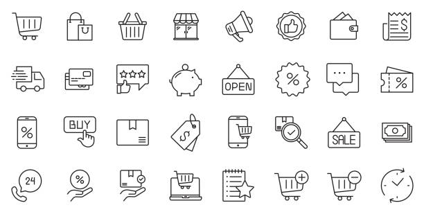 Shopping and E-Commerce icon set. Online shopping icon collection. Set of thin line icon, editabel stroke and perfect pixel vector illustration. Shopping and E-Commerce icon set. Online shopping icon collection. Set of thin line icon, editabel stroke and perfect pixel vector illustration. computer icon stock symbol shopping mall stock illustrations