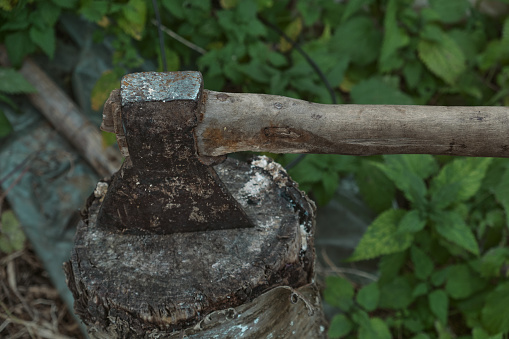 Old rusty axe with wooden handle stuck in the stump Large ax in hand