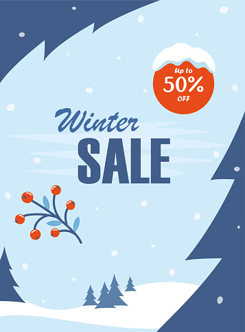 Winter sale social network banner, flyer with winter landscape snowy background, snowflakes, tree and discount. Vector illustration