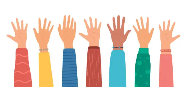 Vector illustration of Multicultural crowd of people with hands up, teamwork of multinational team. Diverse young people, male and female, hands. Teamwork, friendship, unity, help, volunteering concept. Vector illustration.
